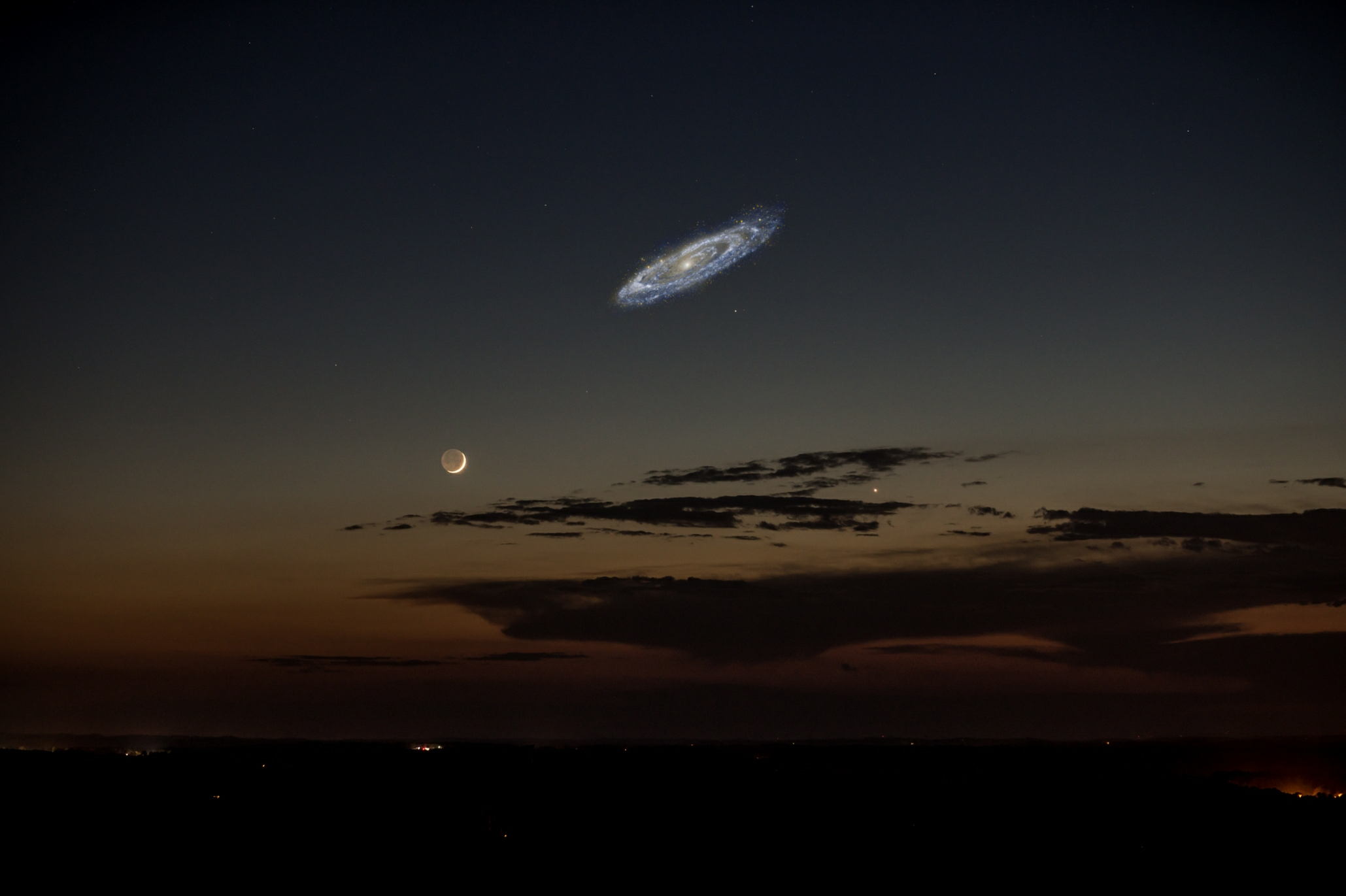 Composite image showing Andromeda galaxy's true angular size compared to the Moon