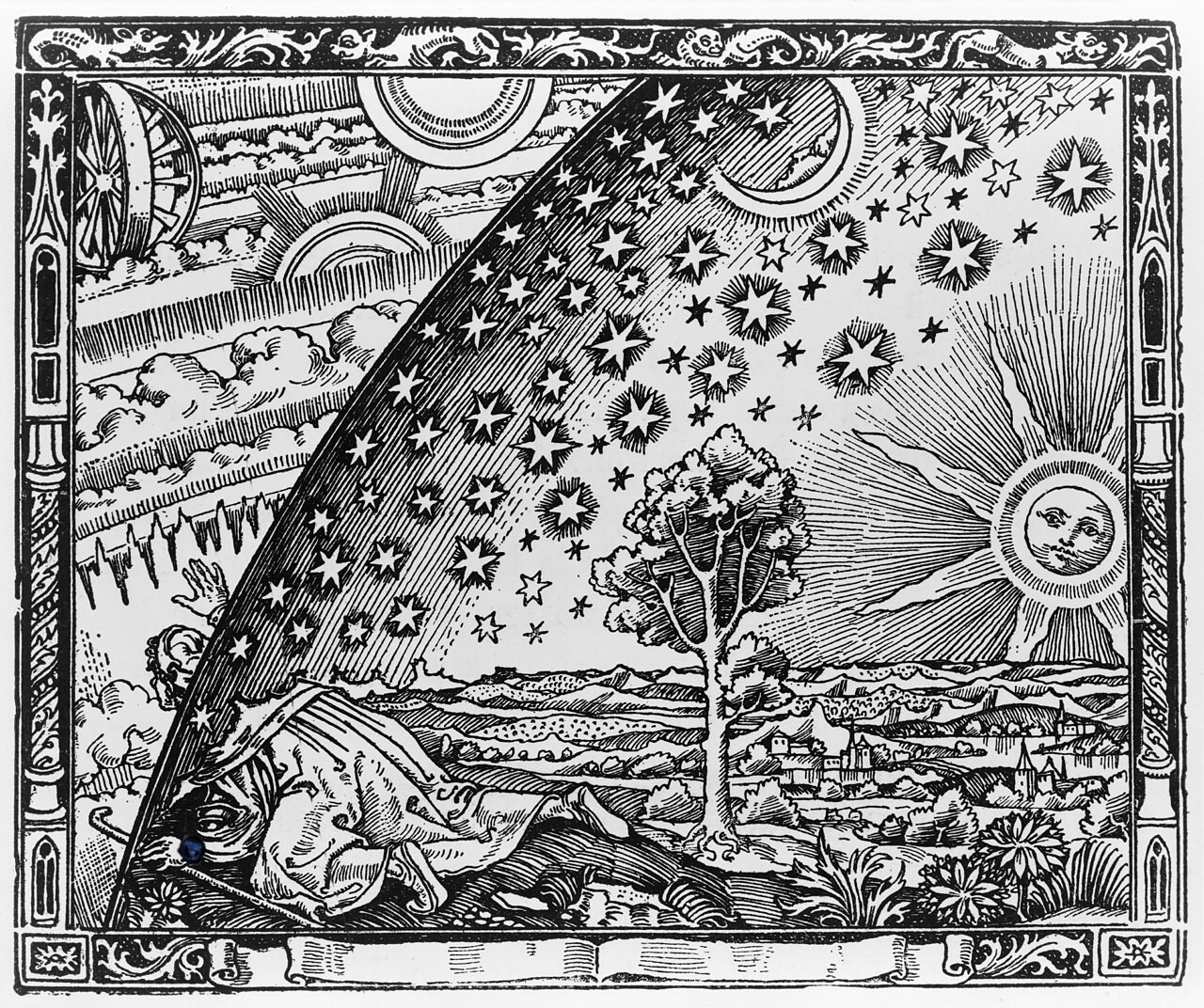 The Flammarion engraving: a medieval traveler peers through the edge of the sky to glimpse the cosmic machinery beyond