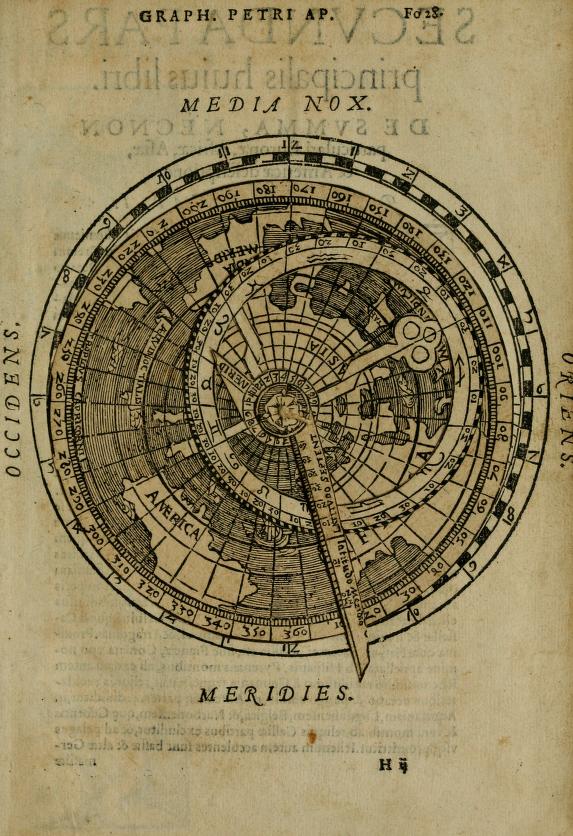 Apianus's north-pole world-map volvelle from the Cosmographia