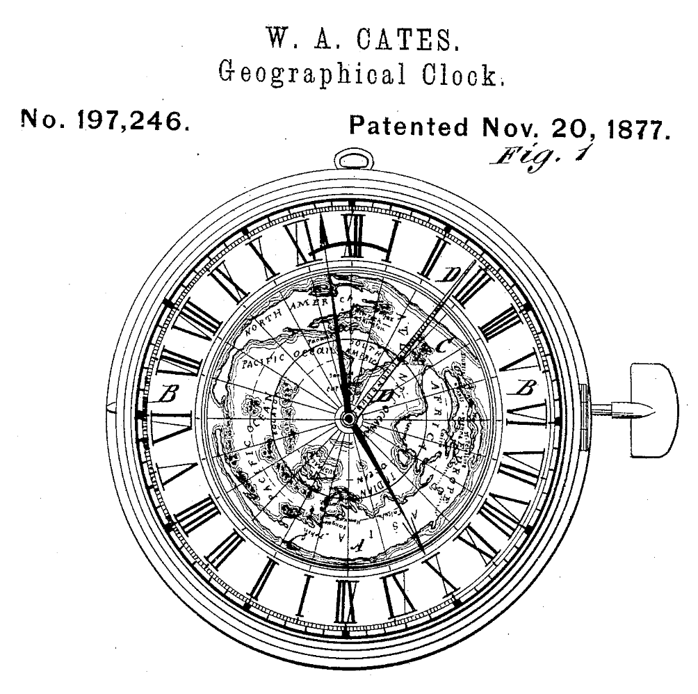 William A. Gates's 1877 geographical clock patent drawing