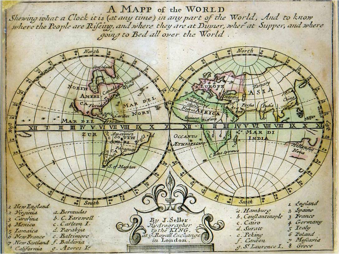 John Seller, A Mapp of the World, shewing what a Clock it is
